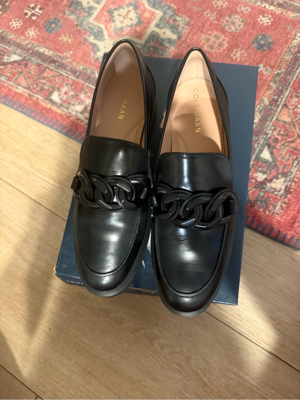 Cole Haan Black Leather Chain-Link Loafers